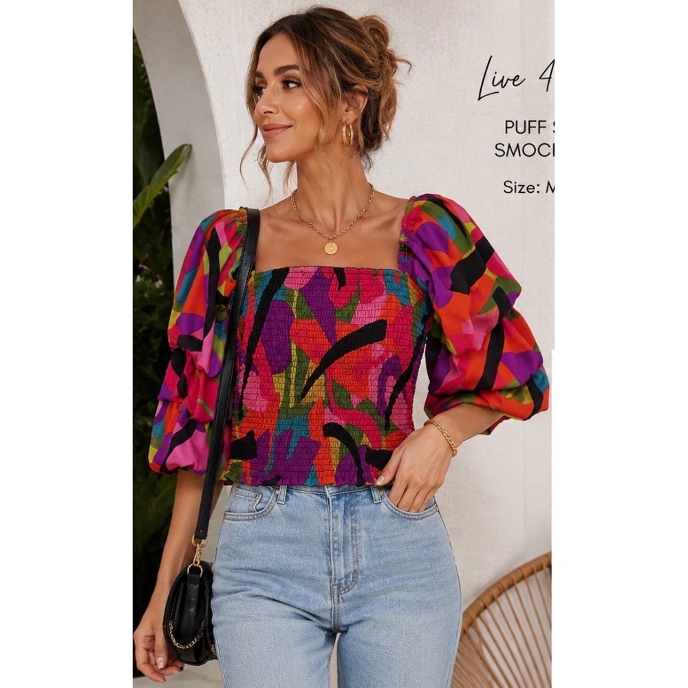 Live 4 Truth Smocked Puff Sleeve Crop‎ Top Multi Color Abstract Print Medium